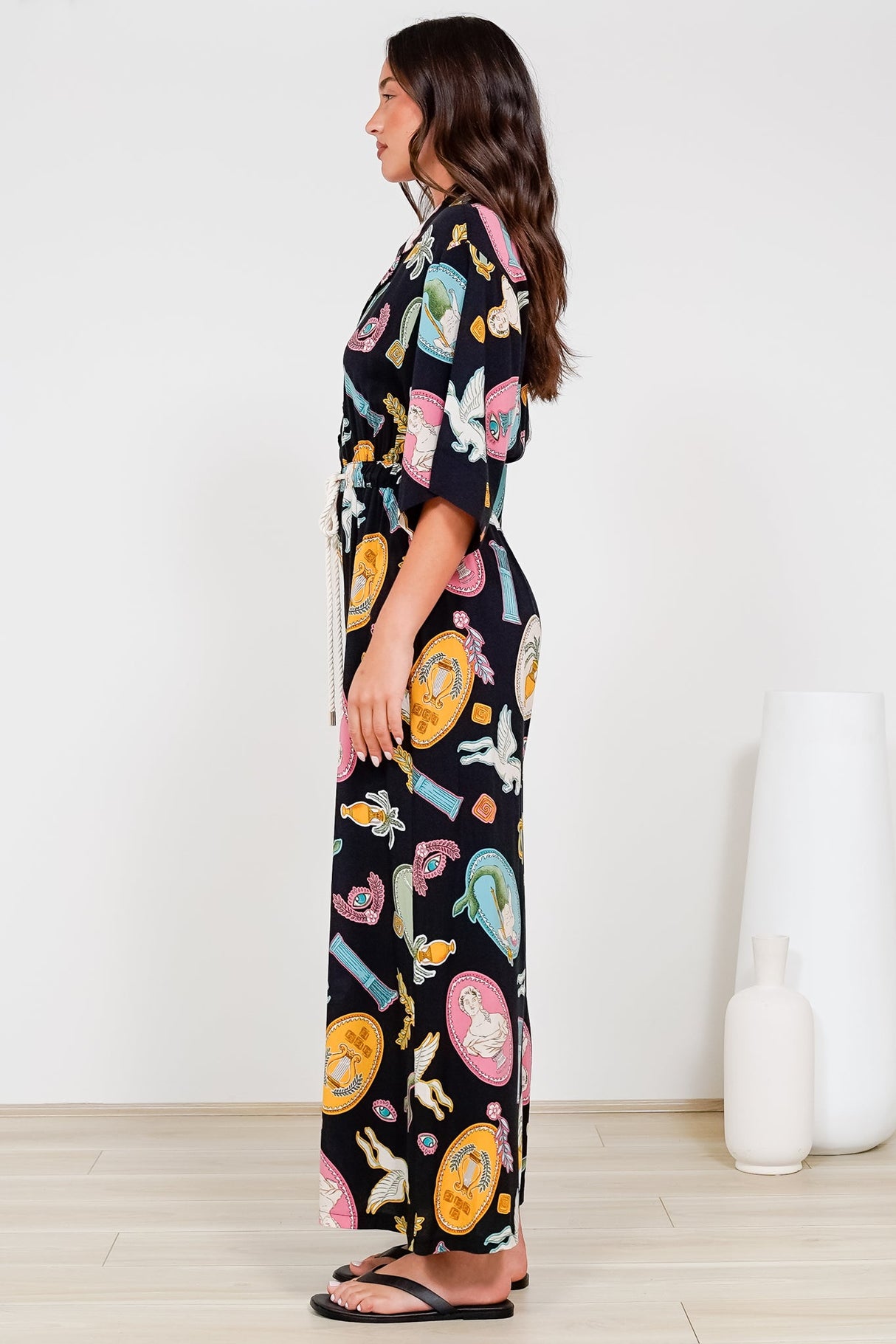 Thorra Jumpsuit - Collared Buttoned Bodice with Rope Waist Tie in Siren Blossom Print