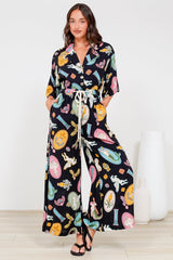 Thorra Jumpsuit - Collared Buttoned Bodice with Rope Waist Tie in Siren Blossom Print