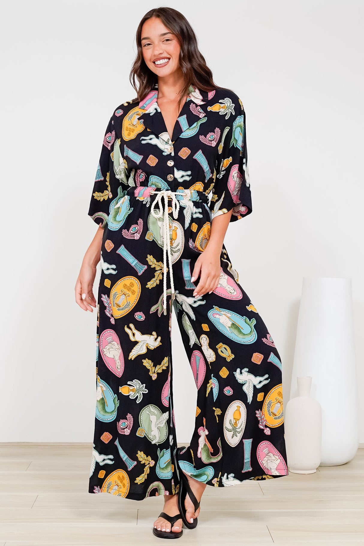 Thorra Jumpsuit - Collared Buttoned Bodice with Rope Waist Tie in Siren Blossom Print