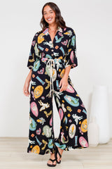Thorra Jumpsuit - Collared Buttoned Bodice with Rope Waist Tie in Siren Blossom Print