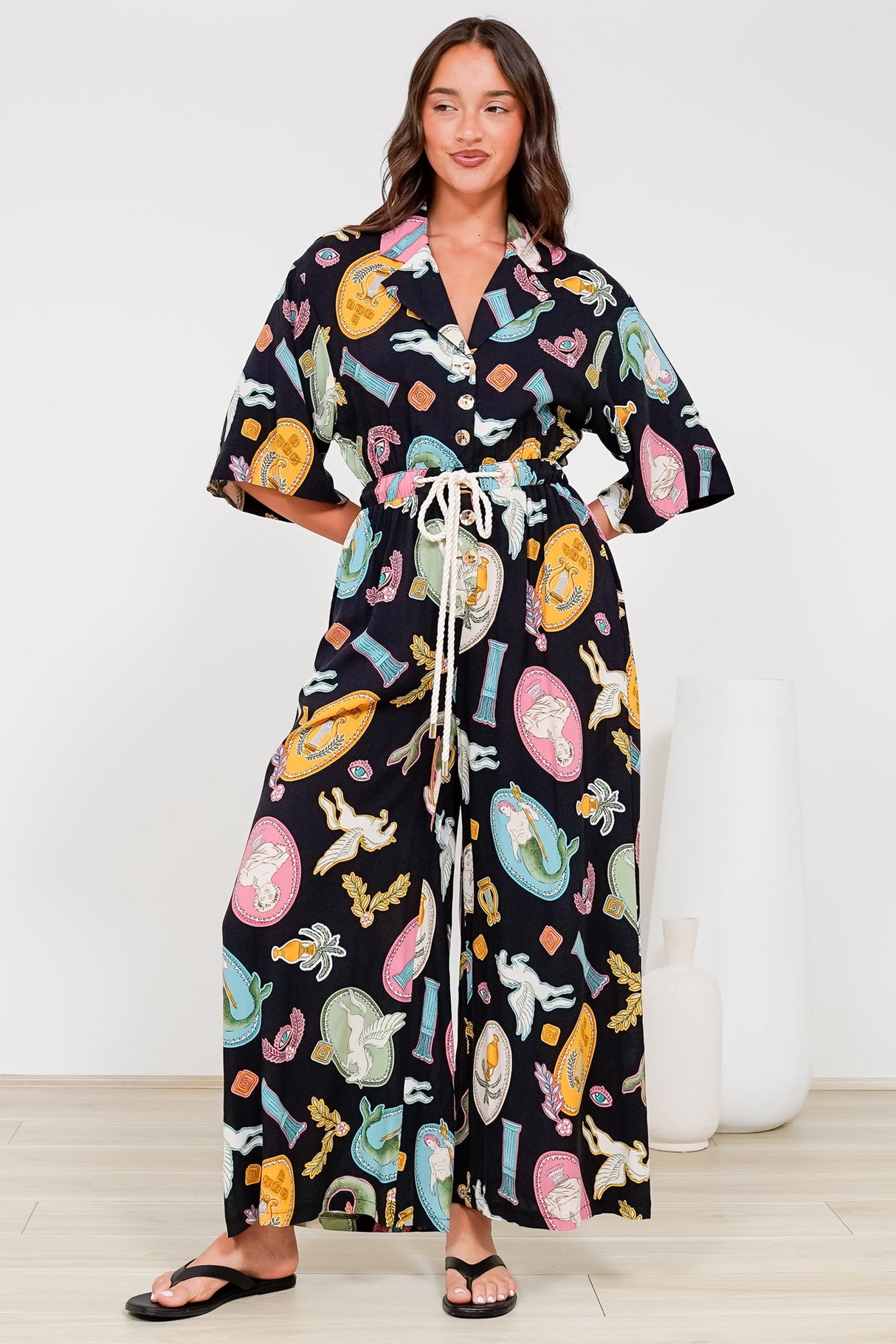 Thorra Jumpsuit - Collared Buttoned Bodice with Rope Waist Tie in Siren Blossom Print