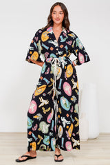 Thorra Jumpsuit - Collared Buttoned Bodice with Rope Waist Tie in Siren Blossom Print