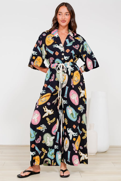 Thorra Jumpsuit - Collared Buttoned Bodice with Rope Waist Tie in Siren Blossom Print
