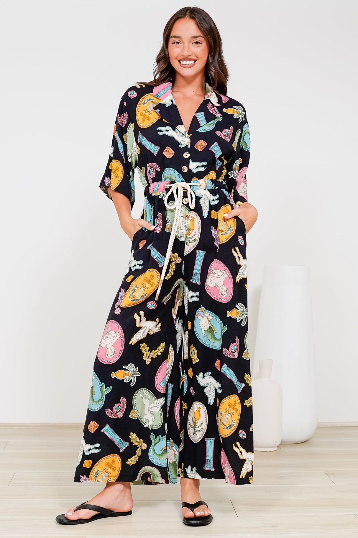 Thorra Jumpsuit - Collared Buttoned Bodice with Rope Waist Tie in Siren Blossom Print