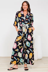 Thorra Jumpsuit - Collared Buttoned Bodice with Rope Waist Tie in Siren Blossom Print