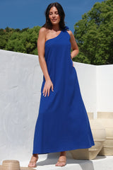 Tia Maxi Dress - One Shoulder with Tie Sun Dress in Electric Blue