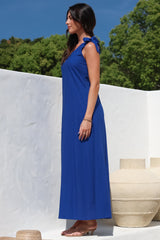 Tia Maxi Dress - One Shoulder with Tie Sun Dress in Electric Blue