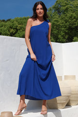 Tia Maxi Dress - One Shoulder with Tie Sun Dress in Electric Blue