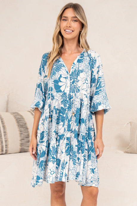 Tia Mini Dress - V Neck Long Sleeve Dress with Tiered Hem in Lumina Print