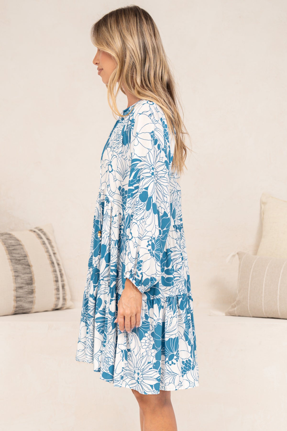 Tia Mini Dress - V Neck Long Sleeve Dress with Tiered Hem in Lumina Print
