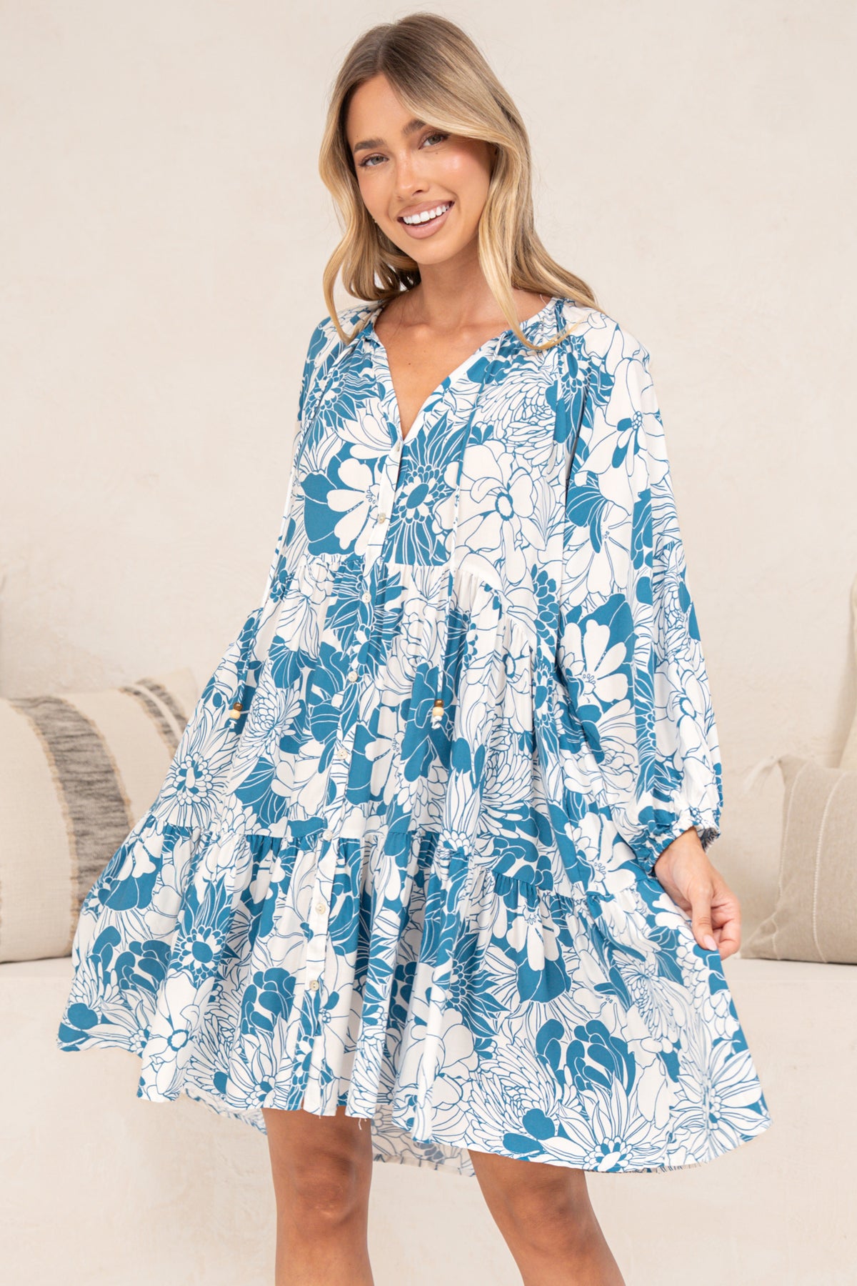 Tia Mini Dress - V Neck Long Sleeve Dress with Tiered Hem in Lumina Print