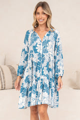 Tia Mini Dress - V Neck Long Sleeve Dress with Tiered Hem in Lumina Print