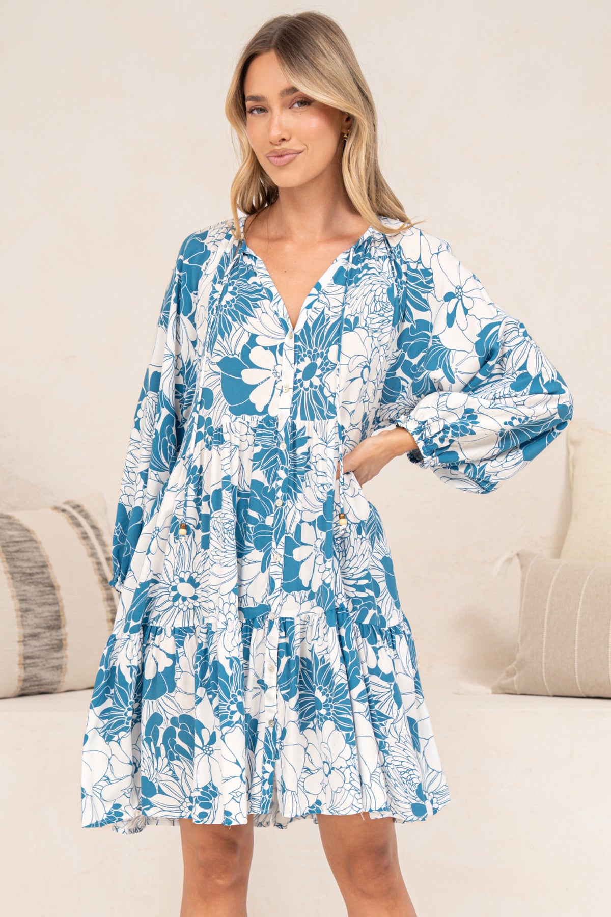 Tia Mini Dress - V Neck Long Sleeve Dress with Tiered Hem in Lumina Print