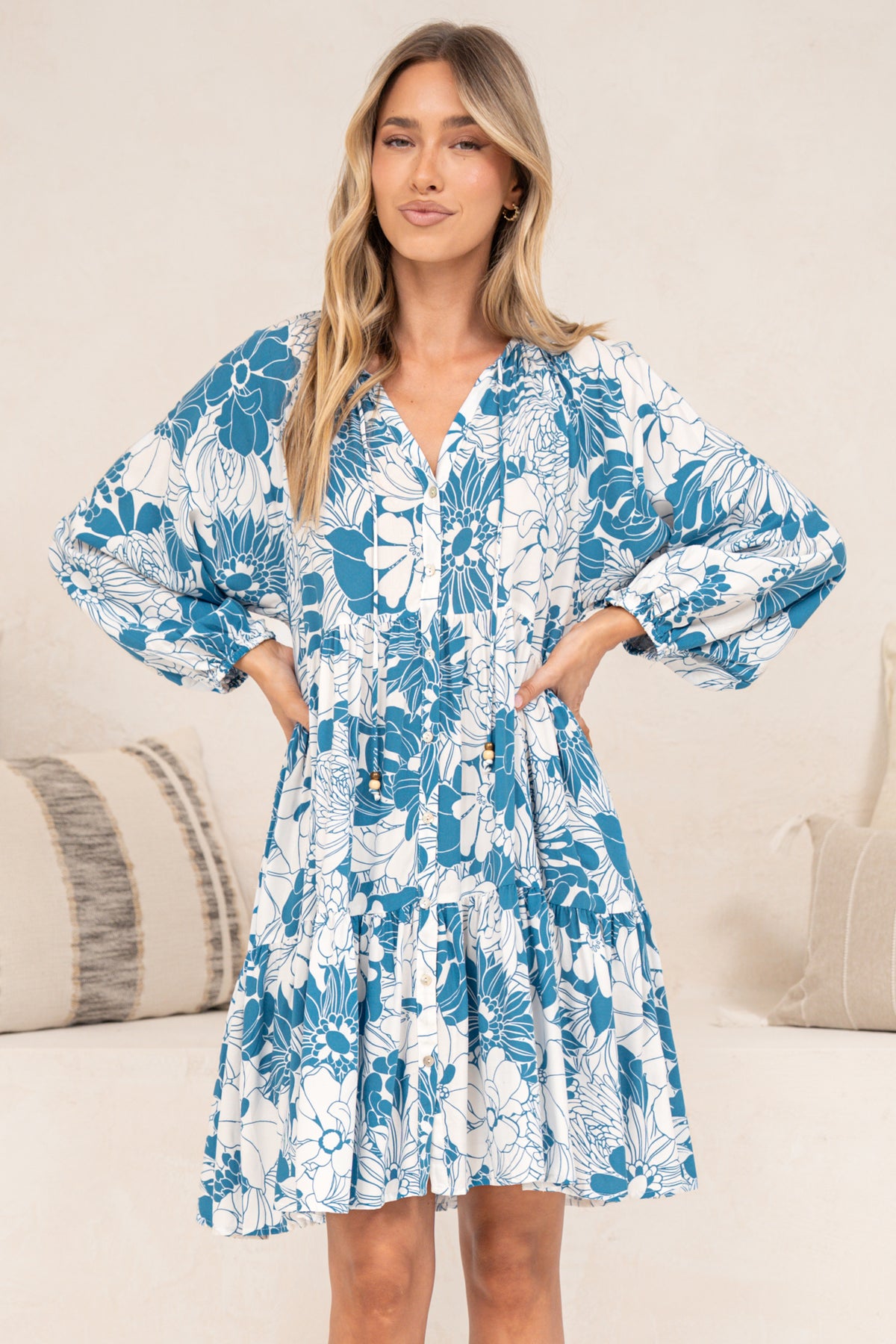 Tia Mini Dress - V Neck Long Sleeve Dress with Tiered Hem in Lumina Print