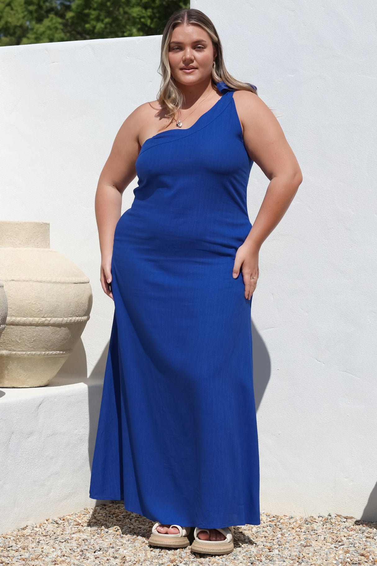 Tia Maxi Dress - One Shoulder with Tie Sun Dress in Electric Blue