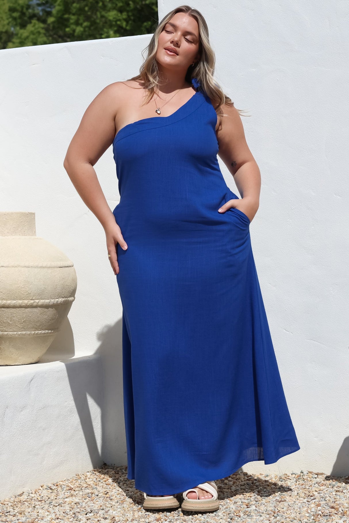 Tia Maxi Dress - One Shoulder with Tie Sun Dress in Electric Blue
