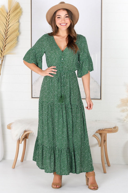 Tillie Maxi Dress - A Line Dress with Flute Sleeves and Pull Tie Waist in Green