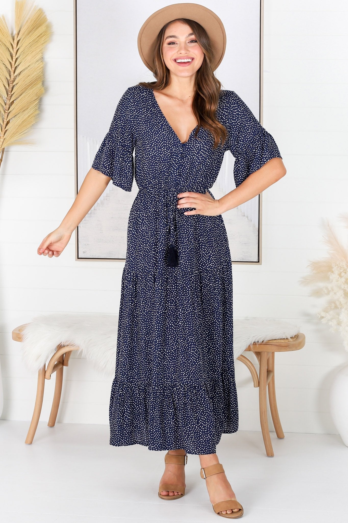 Tillie Maxi Dress - A Line Dress with Flute Sleeves and Pull Tie Waist in Navy