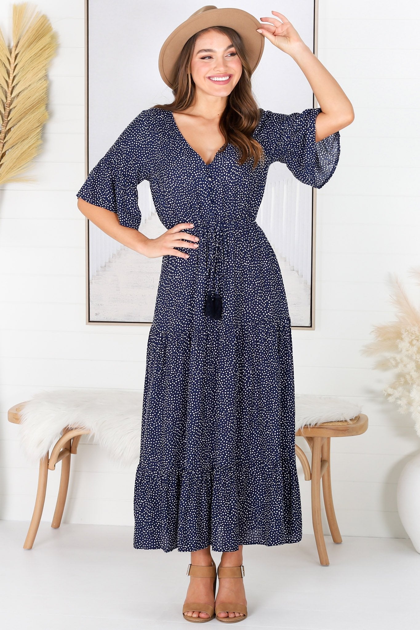 Tillie Maxi Dress - A Line Dress with Flute Sleeves and Pull Tie Waist in Navy