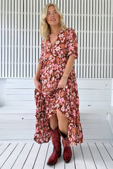 JAASE - Tillie Maxi Dress: Relaxed Tiered Dress with V Neckline in Pixie Print