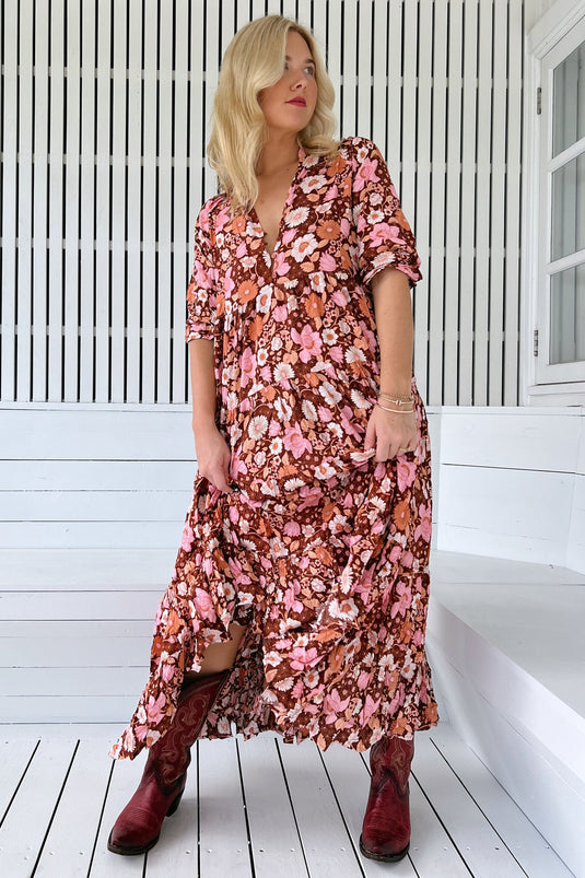 JAASE - Tillie Maxi Dress: Relaxed Tiered Dress with V Neckline in Pixie Print