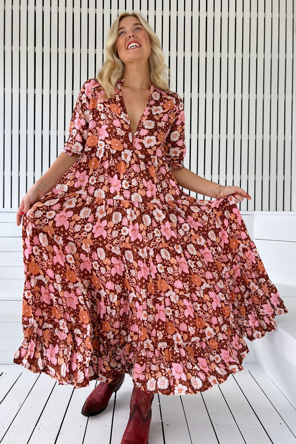 JAASE - Tillie Maxi Dress: Relaxed Tiered Dress with V Neckline in Pixie Print