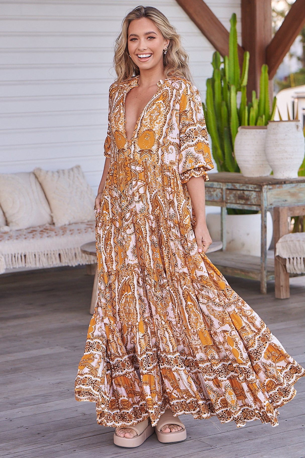 JAASE - Tillie Maxi Dress: Mandarin Collar Tiered Dress in Poet Print