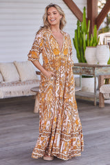 Tillie Maxi Dress: Mandarin Collar Tiered Dress in Poet Print