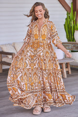 JAASE - Tillie Maxi Dress: Mandarin Collar Tiered Dress in Poet Print