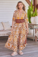 Tillie Maxi Dress: Mandarin Collar Tiered Dress in Poet Print