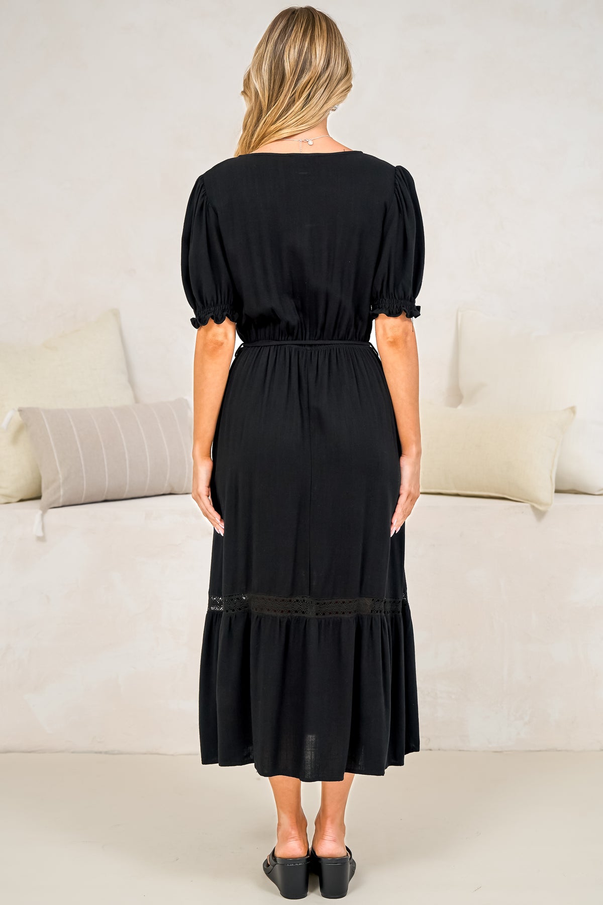 Tilly Midi Dress - Split Collar A Line Dress with Lace Inserts and Short Balloon Sleeves in Black