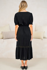 Tilly Midi Dress - Split Collar A Line Dress with Lace Inserts and Short Balloon Sleeves in Black