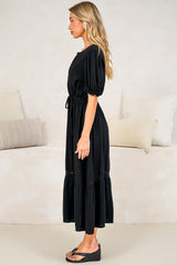 Tilly Midi Dress - Split Collar A Line Dress with Lace Inserts and Short Balloon Sleeves in Black