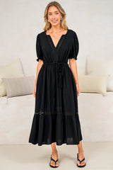 Tilly Midi Dress - Split Collar A Line Dress with Lace Inserts and Short Balloon Sleeves in Black