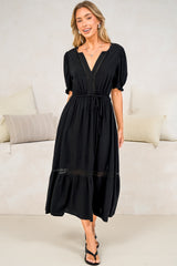 Tilly Midi Dress - Split Collar A Line Dress with Lace Inserts and Short Balloon Sleeves in Black