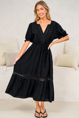 Tilly Midi Dress - Split Collar A Line Dress with Lace Inserts and Short Balloon Sleeves in Black