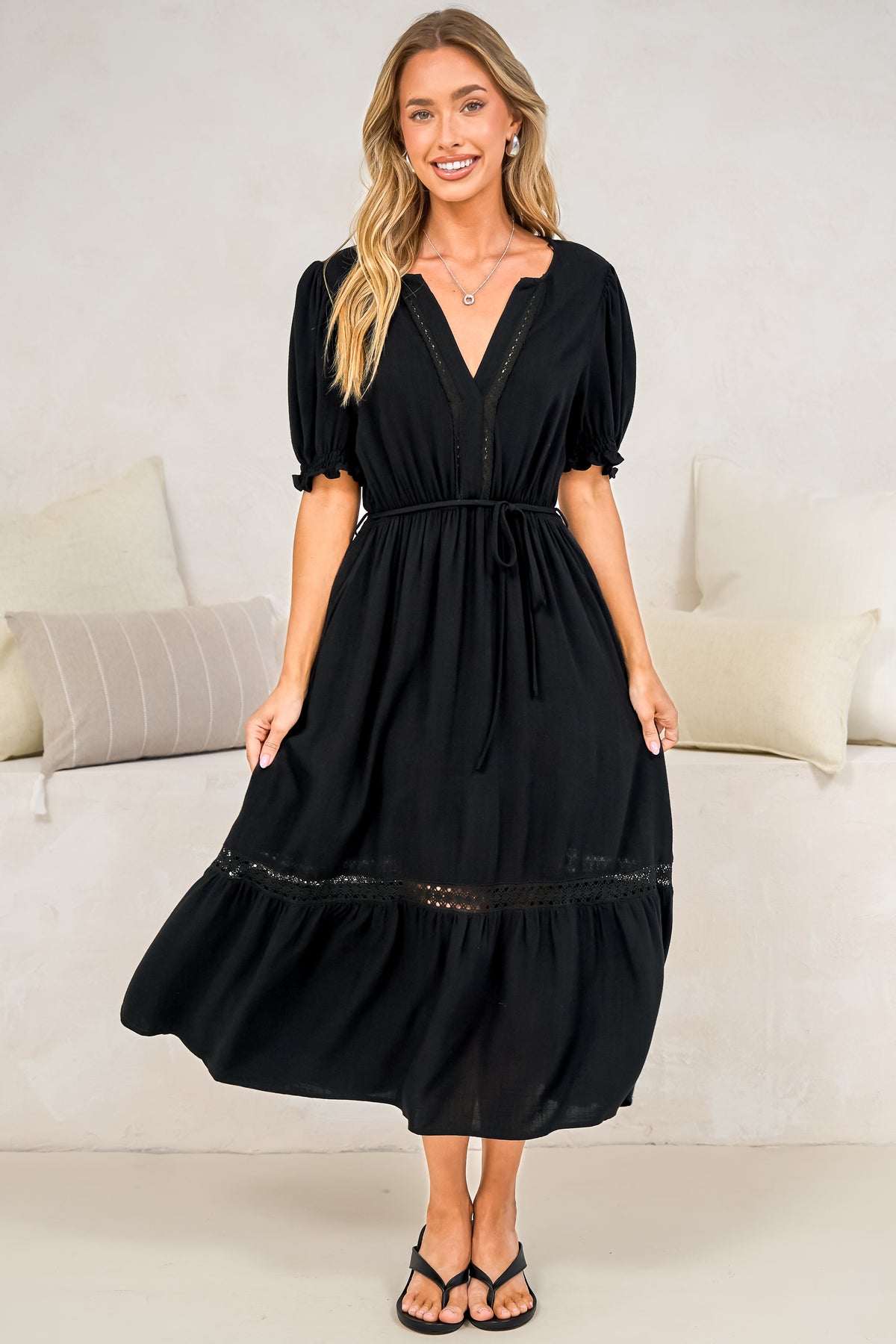 Tilly Midi Dress - Split Collar A Line Dress with Lace Inserts and Short Balloon Sleeves in Black