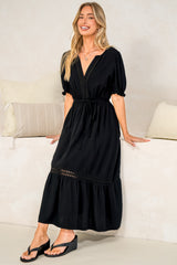 Tilly Midi Dress - Split Collar A Line Dress with Lace Inserts and Short Balloon Sleeves in Black