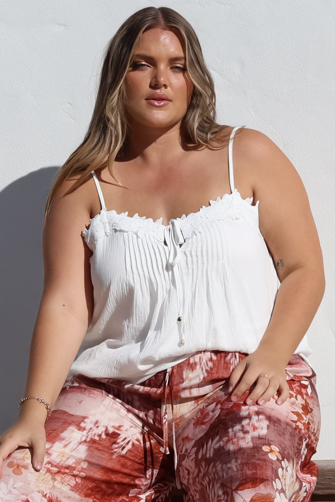 Tilly Top - Lace Sweetheart Neckline Cami with Adjustable Straps in White