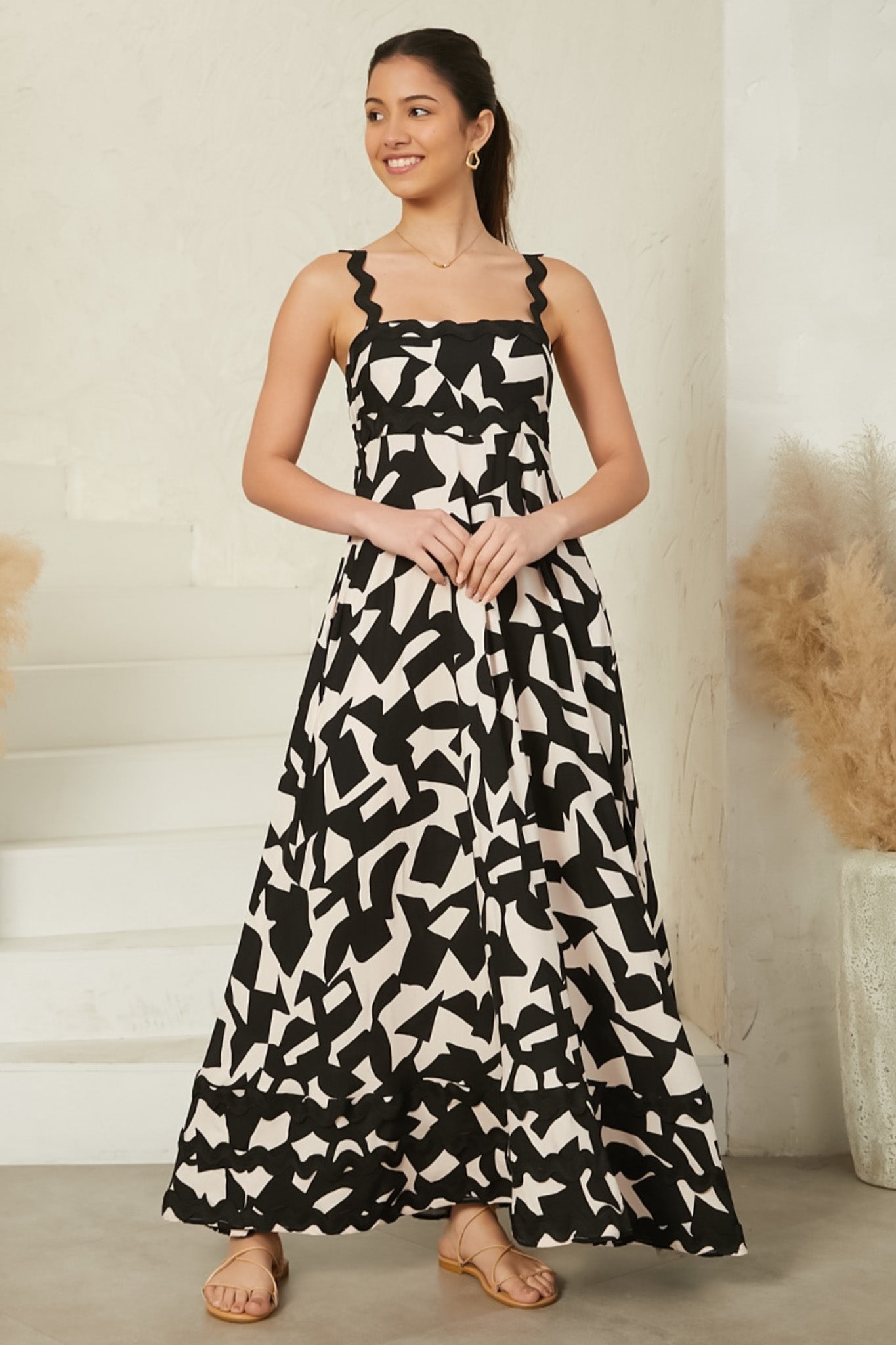 Tina Maxi Dress - Milk Maid Neckline A-Line Dress with Rick Rack Splicing in Adley Print
