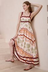 Tina Maxi Dress - Milk Maid Neckline A-Line Dress with Wave Splicing in Amery Print