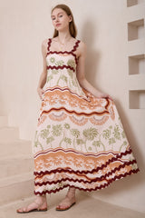 Tina Maxi Dress - Milk Maid Neckline A-Line Dress with Wave Splicing in Amery Print