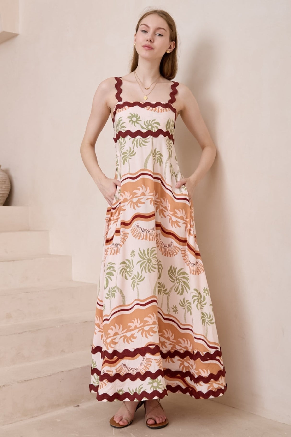 Tina Maxi Dress - Milk Maid Neckline A-Line Dress with Wave Splicing in Amery Print