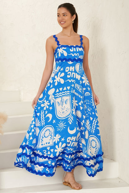 Tina Maxi Dress - Milk Maid Neckline A-Line Dress with Wave Splicing in Morelia