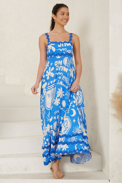 Tina Maxi Dress - Milk Maid Neckline A-Line Dress with Wave Splicing in Morelia