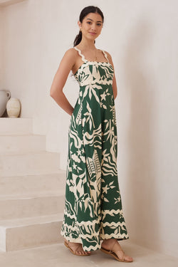 Tina Maxi Dress - Milk Maid Neckline A-Line Dress with Wave Splicing in Salt Lake Print Green