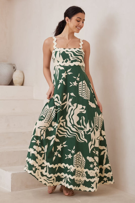 Tina Maxi Dress - Milk Maid Neckline A-Line Dress with Wave Splicing in Salt Lake Print Green