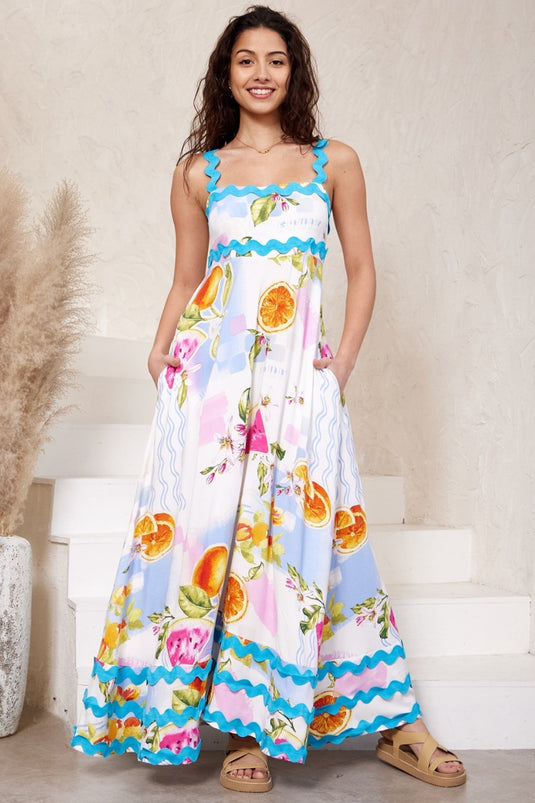 Tina Maxi Dress - Milk Maid Neckline A-Line Dress with Wave Splicing in Summer Zest