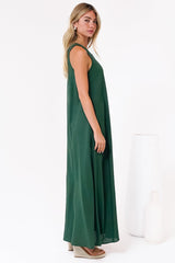 Tineshe Maxi Dress - Crew Neck Streamlined Sleeveless Dress with Pockets in Emerald