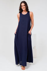 Tineshe Maxi Dress - Crew Neck Streamlined Sleeveless Dress with Pockets in Navy